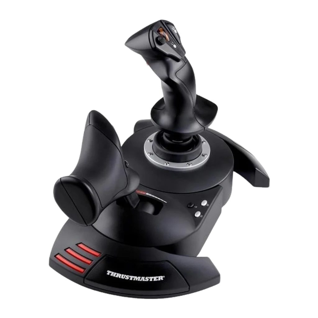 Thrustmaster T-Flight Hotas X negro, vista lateral izquierda: palanca de gases y joystick con base metálica circular y rayas