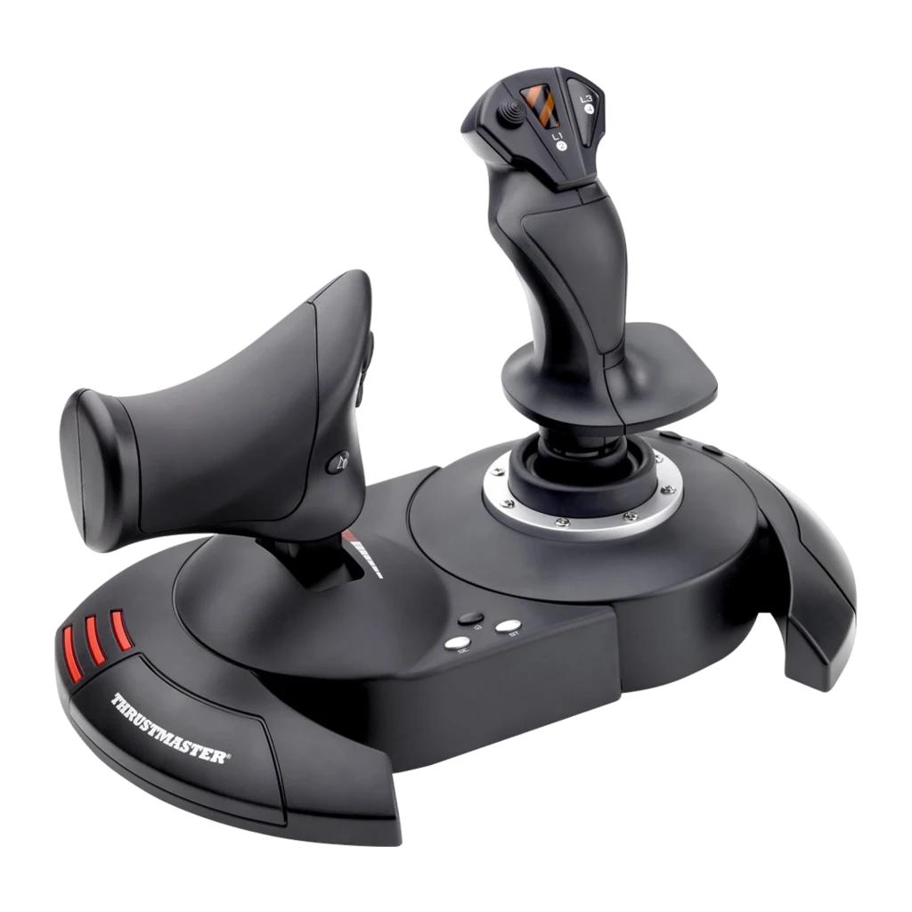 Thrustmaster T-Flight Hotas X negro, vista frontal en ángulo: joystick y palanca de gases unidos a base con rayas rojas