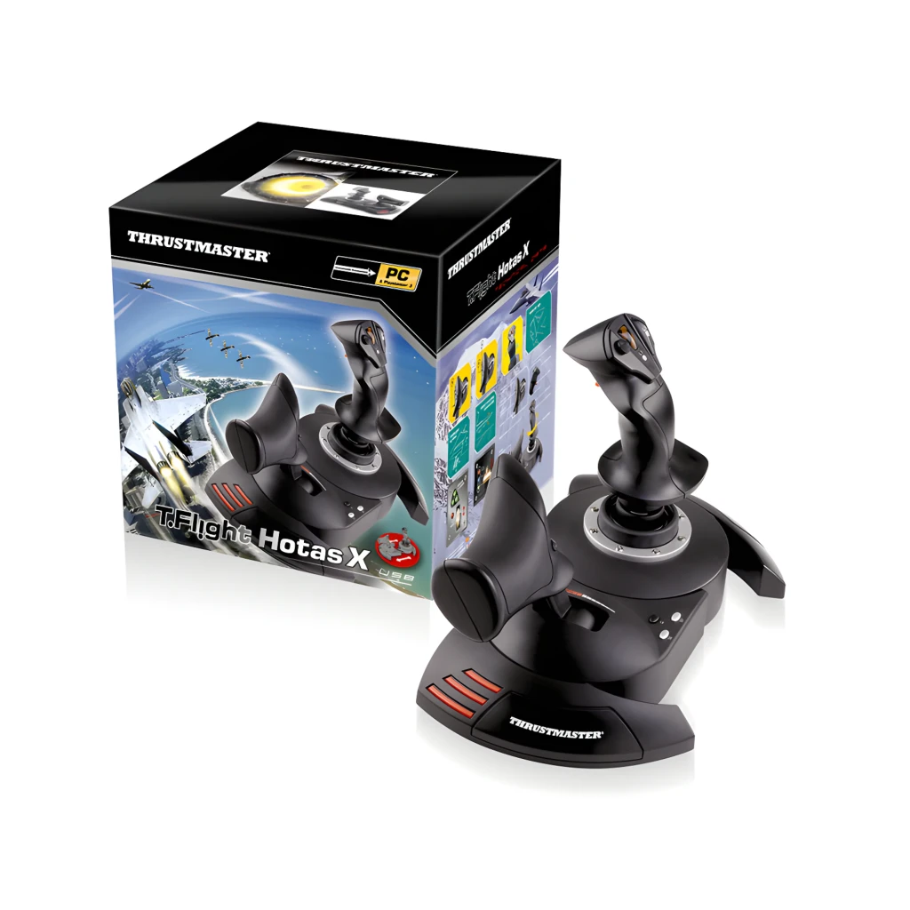 Thrustmaster T-Flight Hotas X negro, vista con caja: joystick negro con detalles rojos junto a su caja de producto