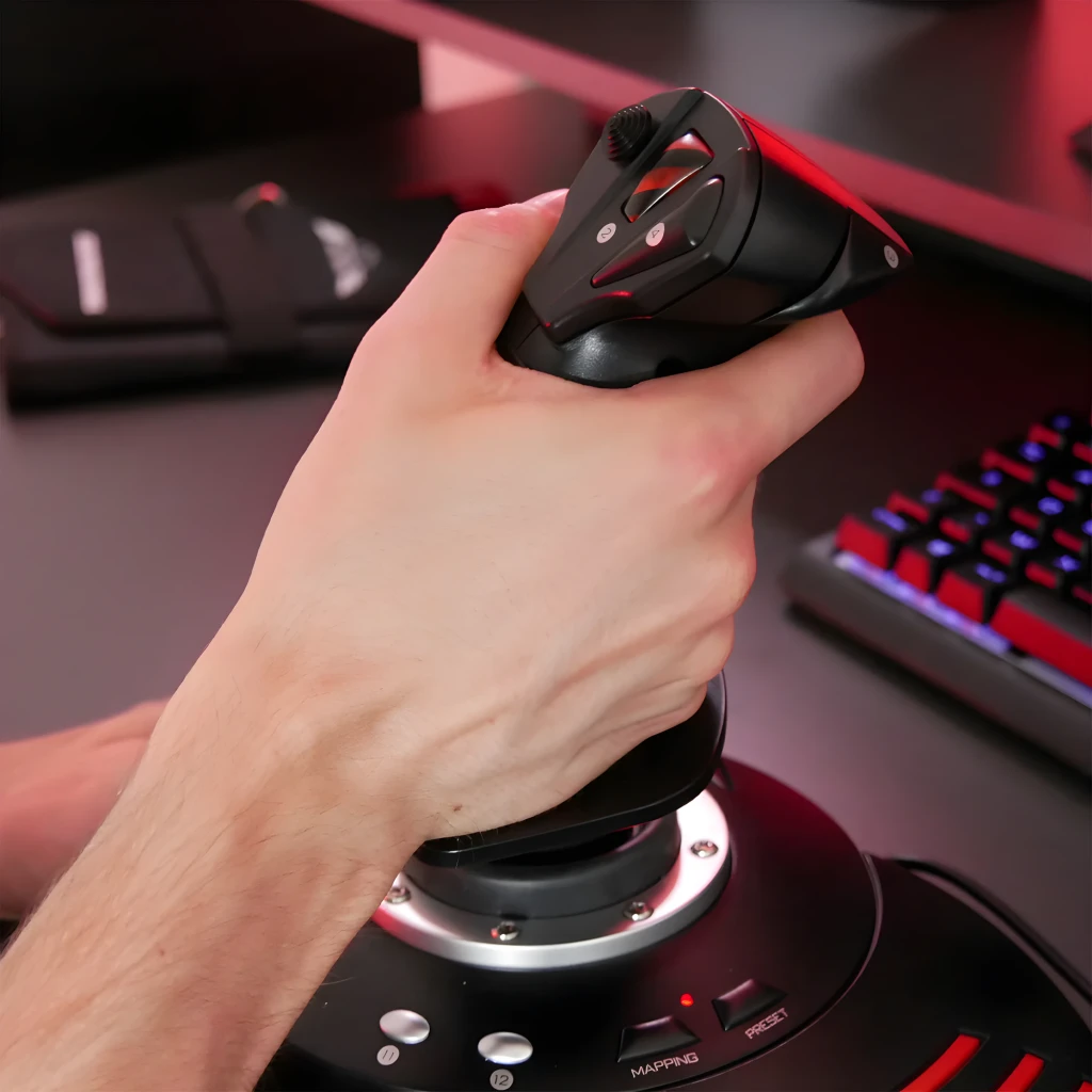 Thrustmaster T-Flight Hotas X negro, uso: mano sujetando la empuñadura con botones frontales y base metálica visibles