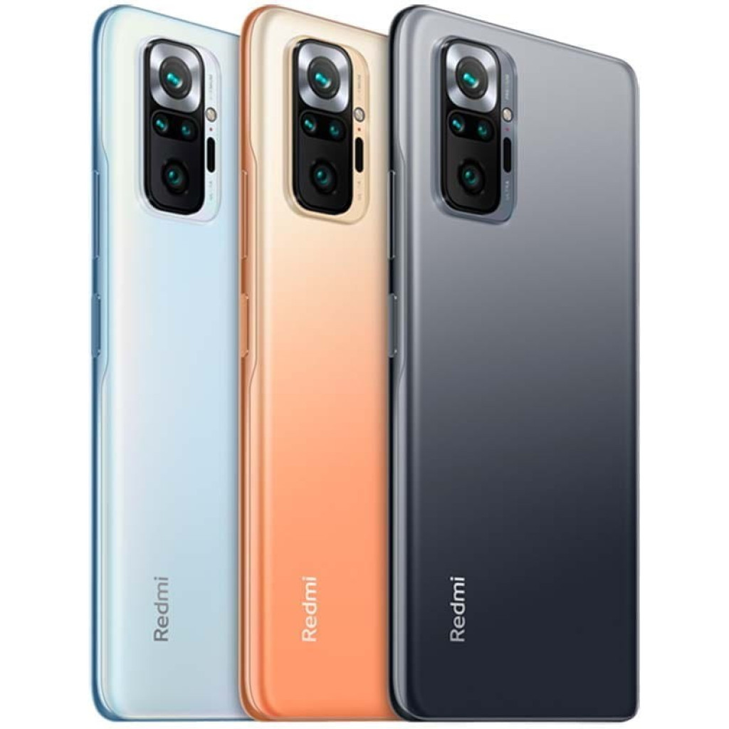 Xiaomi Redmi Note 10 Pro 8GB/128GB Cinzento com traseira cinza brilhante, módulo de câmera quádrupla vertical e laterais curvas; variantes azul e laranja ao