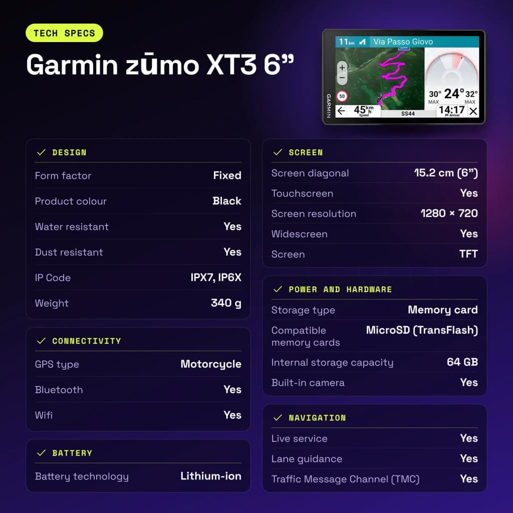 Navigateur GPS Garmin zūmo XT3 6 pouces Noir Batterie Li-Ion - caractéristiques
