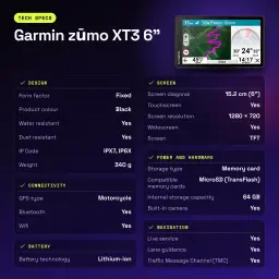 Navigateur GPS Garmin zūmo XT3 6 pouces Noir Batterie Li-Ion - caractéristiques