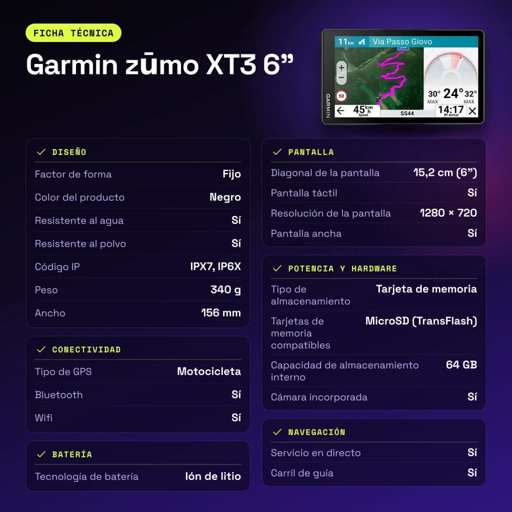 Navigateur GPS Garmin zūmo XT3 6 pouces Noir Batterie Li-Ion - caractéristiques