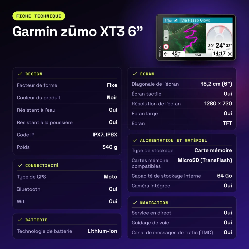 Navigateur GPS Garmin zūmo XT3 6 pouces Noir Batterie Li-Ion - caractéristiques