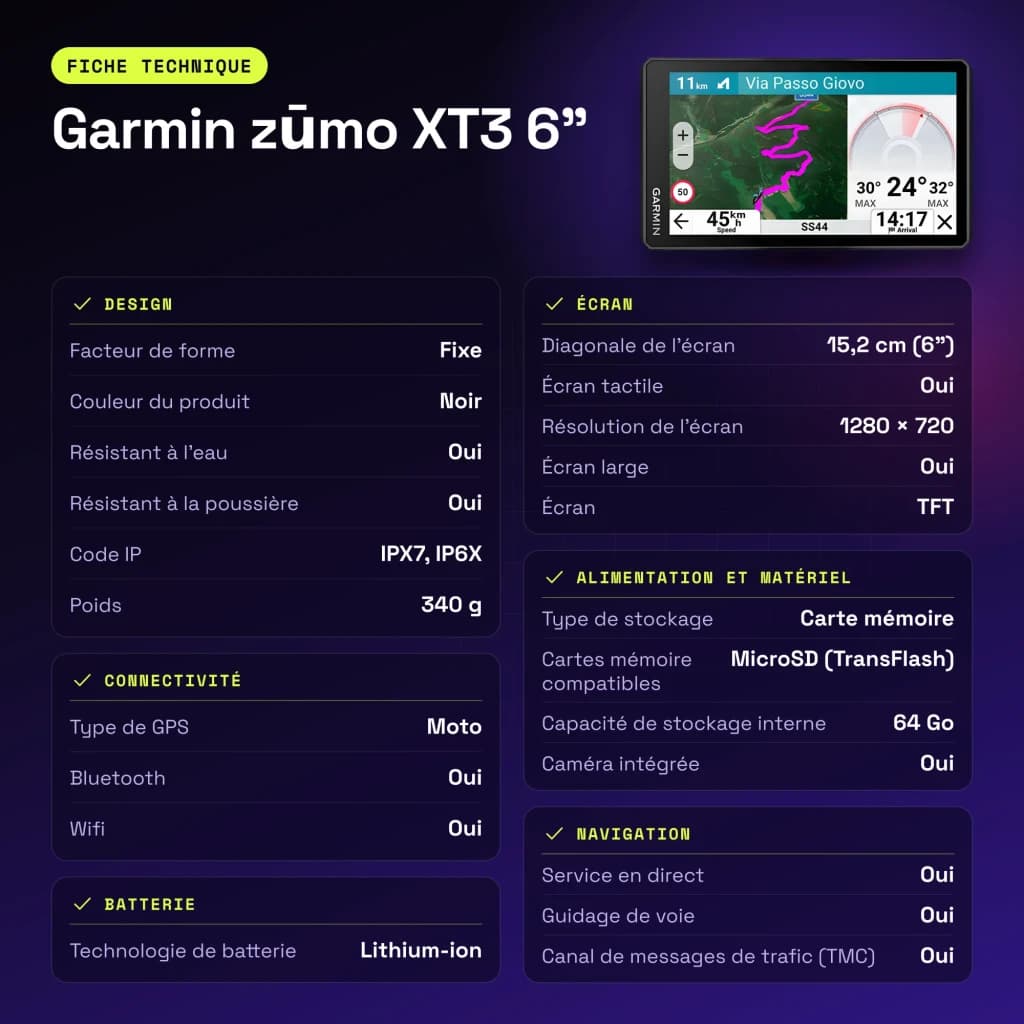 Navigateur GPS Garmin zūmo XT3 6 pouces Noir Batterie Li-Ion - caractéristiques