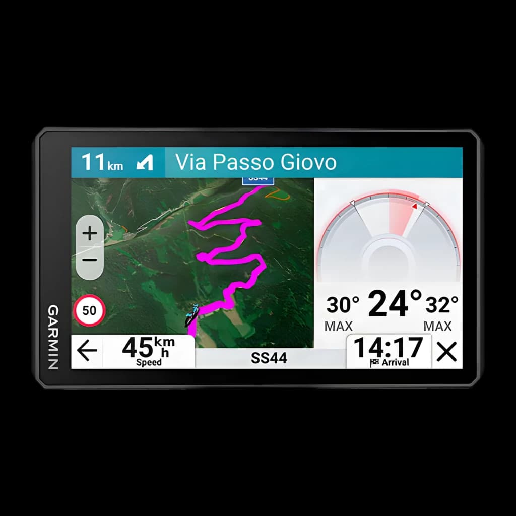 Navigateur GPS Garmin zūmo XT3 6 pouces Noir Batterie Li-Ion, vue de face: écran avec itinéraire moto, carte aérienne