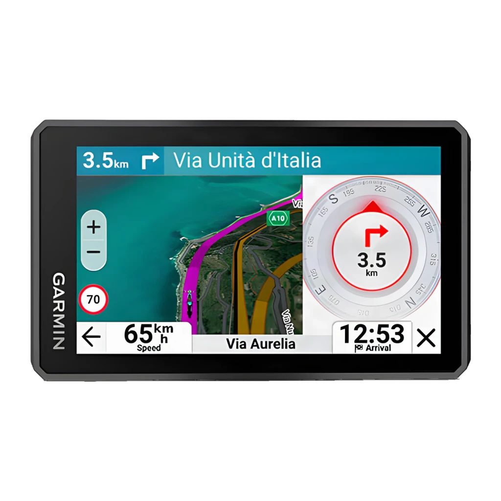 Navigateur GPS Garmin zūmo XT3 6 pouces Noir Batterie Li-Ion, vue de face: écran avec carte satellite, boussole