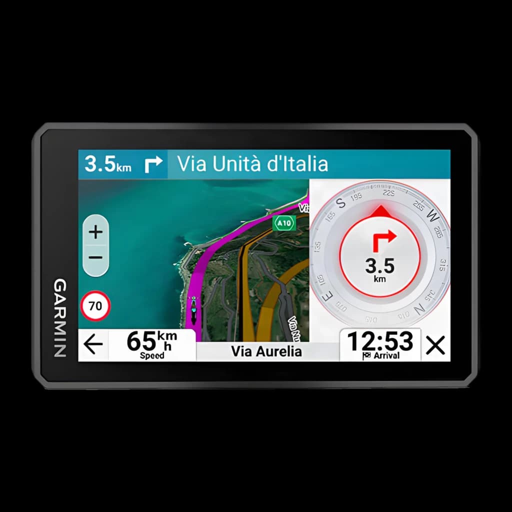 Navigateur GPS Garmin zūmo XT3 6 pouces Noir Batterie Li-Ion, vue de face: écran avec carte satellite, boussole