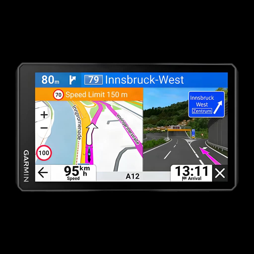 Navigateur GPS Garmin zūmo XT3 6 pouces Noir Batterie Li-Ion, vue avant: écran avec carte et vue réelle de la route
