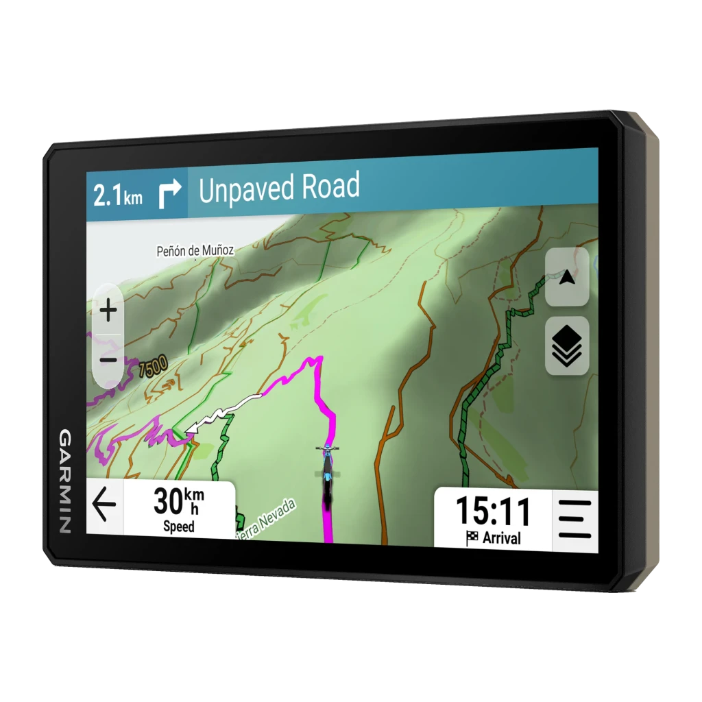 Garmin Tread 2 GPS EMEA 64GB negro, vista en ángulo: pantalla con mapa offroad y navegación a pista sin asfaltar