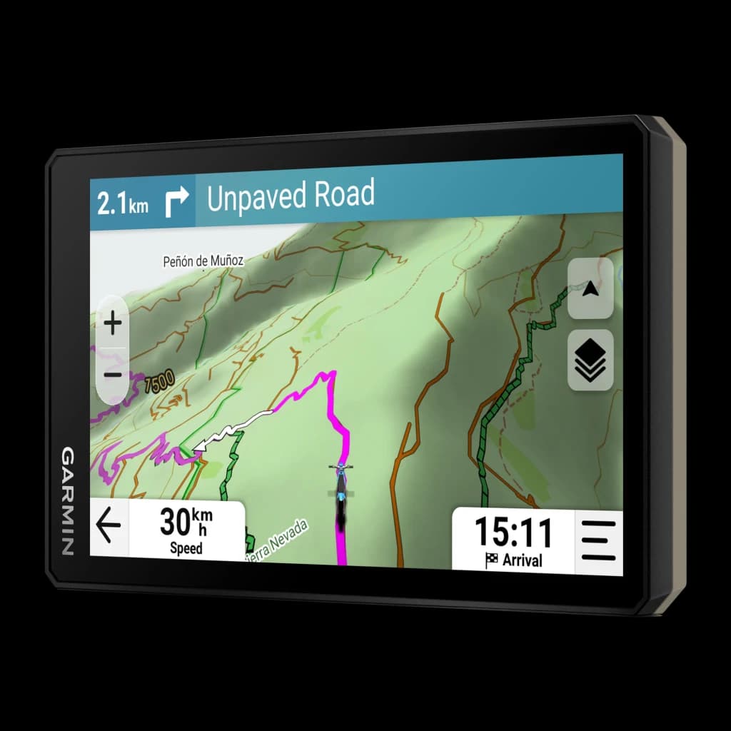 Garmin Tread 2 GPS EMEA 64GB negro, vista en ángulo: pantalla con mapa offroad y navegación a pista sin asfaltar