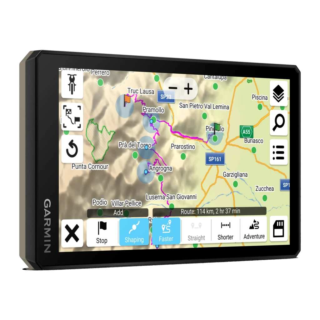 Garmin Tread 2 GPS EMEA 64GB negro, vista frontal en ángulo: pantalla con mapa offroad y ruta de 114 km activa