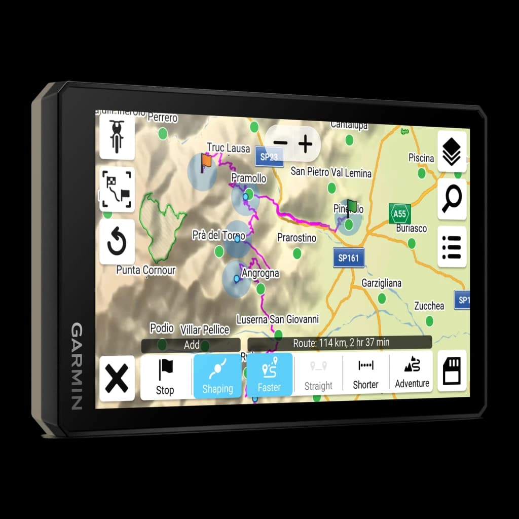 Garmin Tread 2 GPS EMEA 64GB negro, vista frontal en ángulo: pantalla con mapa offroad y ruta de 114 km activa