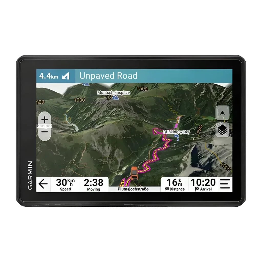 Garmin Tread 2 Overland Edition 8 64GB preto, vista frontal: ecrã com mapa 3D de montanha e rota off-road ativa