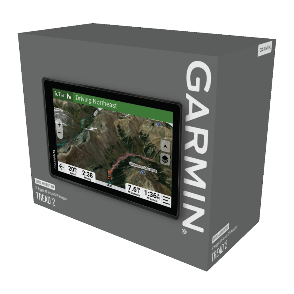 Garmin Tread 2 Overland Edition 8" 64GB, caixa: embalagem cinza com tela de navegação off-road visível na frente