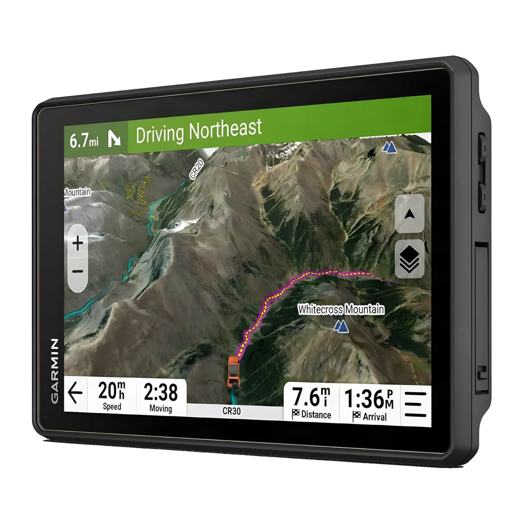 Garmin Tread 2 Overland Edition 8" 64GB preto, vista frontal em ângulo: ecrã com mapa satelital 3D e rota off-road ativa
