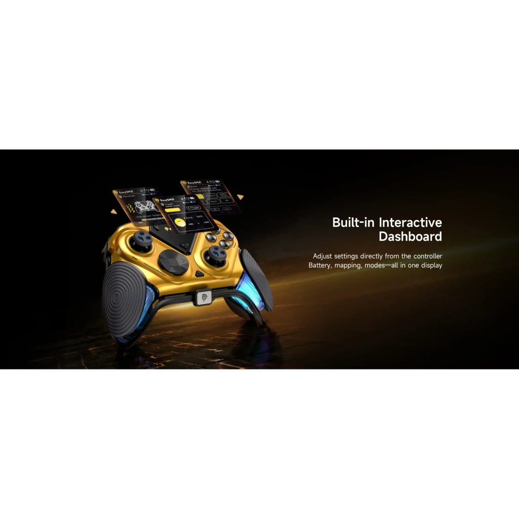 Mando de videojuegos EasySMX Dune 8K Dorado Inalámbrico 2.4 GHz, frontal: pantalla dashboard interactiva desplegada