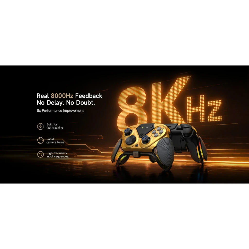 Mando de videojuegos EasySMX Dune 8K Dorado Inalámbrico 2.4 GHz, infografía: tasa de reporte 8000Hz destacada con mando