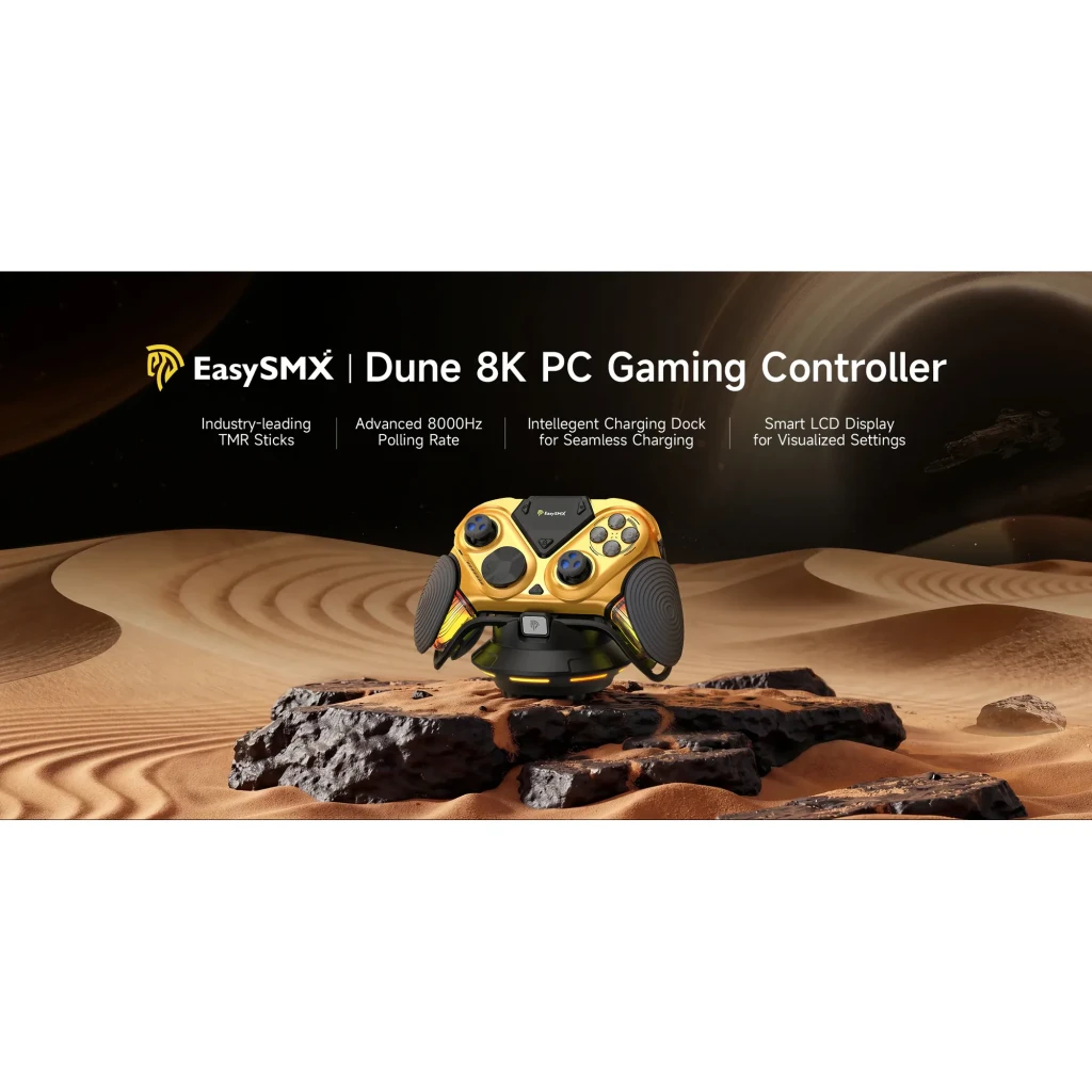 Mando de videojuegos EasySMX Dune 8K Dorado Inalámbrico 2.4 GHz, banner: mando en base de carga sobre roca en escenario