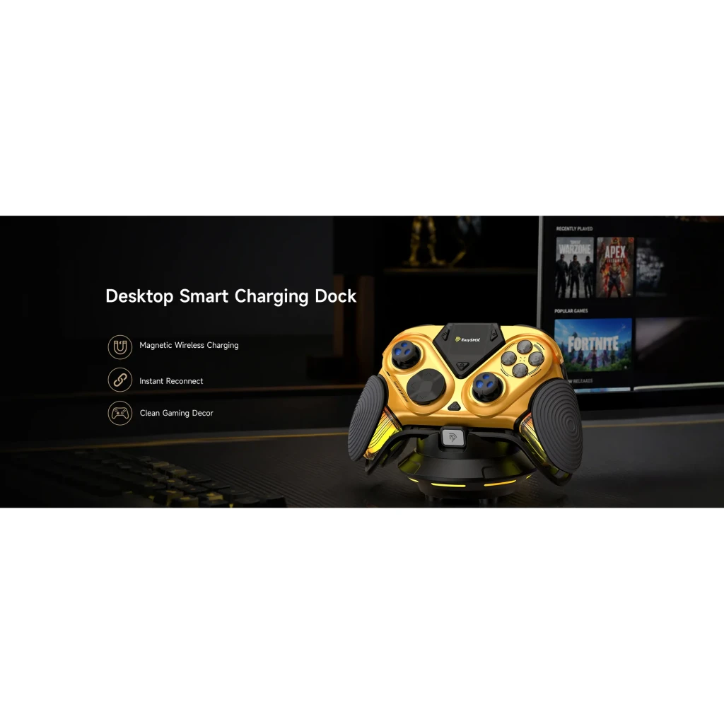 Mando de videojuegos EasySMX Dune 8K Dorado Inalámbrico 2.4 GHz, base de carga: dock magnético con mando apoyado, pantalla
