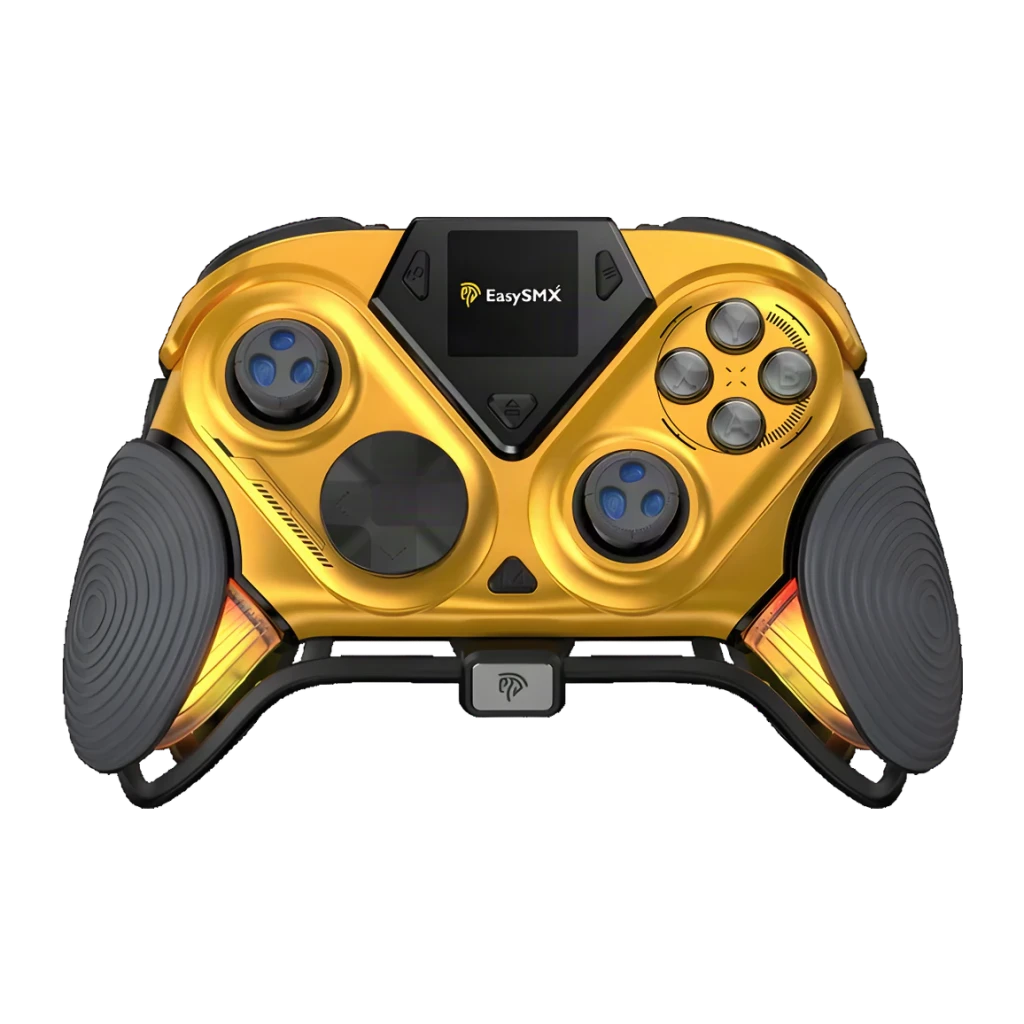 Mando de videojuegos EasySMX Dune 8K Dorado Inalámbrico 2.4 GHz, vista frontal: carcasa dorada, pantalla OLED central