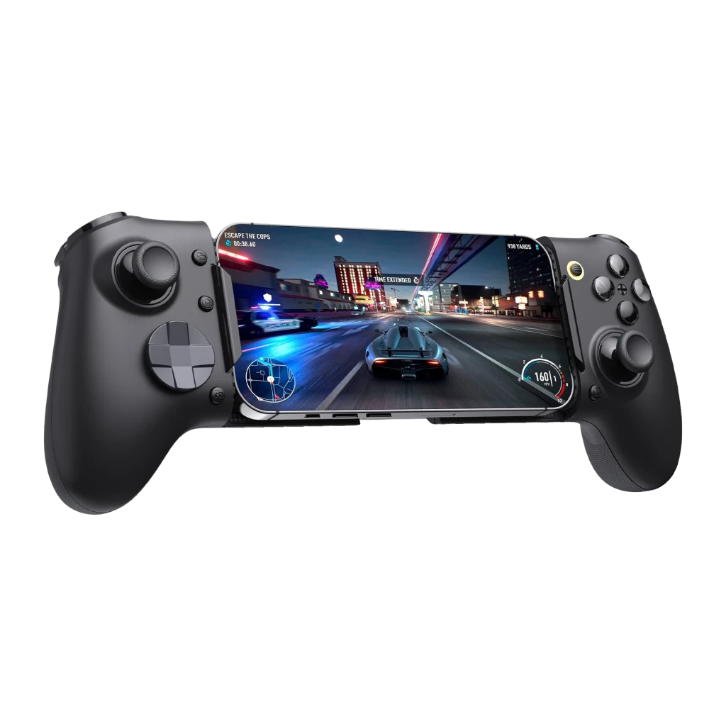 Manette pour mobile EasySMX M20 Noir Filaire USB-C Android / iOS, vue avant: smartphone inséré affichant jeu de course