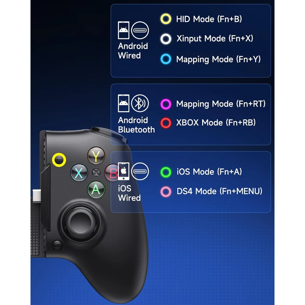 Manette pour mobile EasySMX M20 Noir Filaire USB-C Android / iOS, infographie: modes de connexion HID, Xinput, Mapping