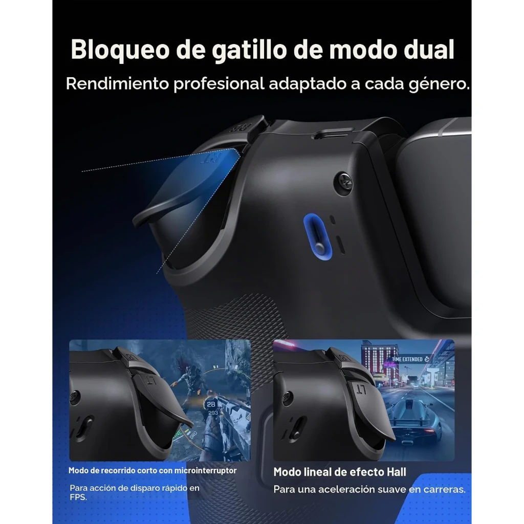 Manette pour mobile EasySMX M20 Noir Filaire USB-C Android / iOS, détail arrière: gâchettes à double verrouillage, modes