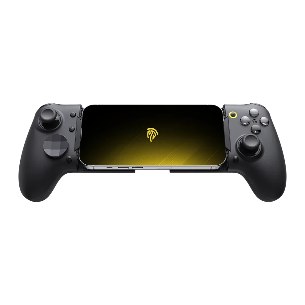 Manette pour mobile EasySMX M20 Noir Filaire USB-C Android / iOS, vue avant: smartphone monté entre les grips avec logo
