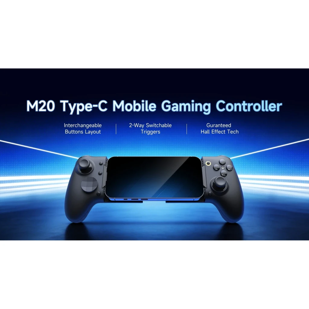 Manette de jeu EasySMX M20 Bleu Sans Fil Bluetooth Android/iOS, face avant avec smartphone: joysticks, boutons et gâchettes