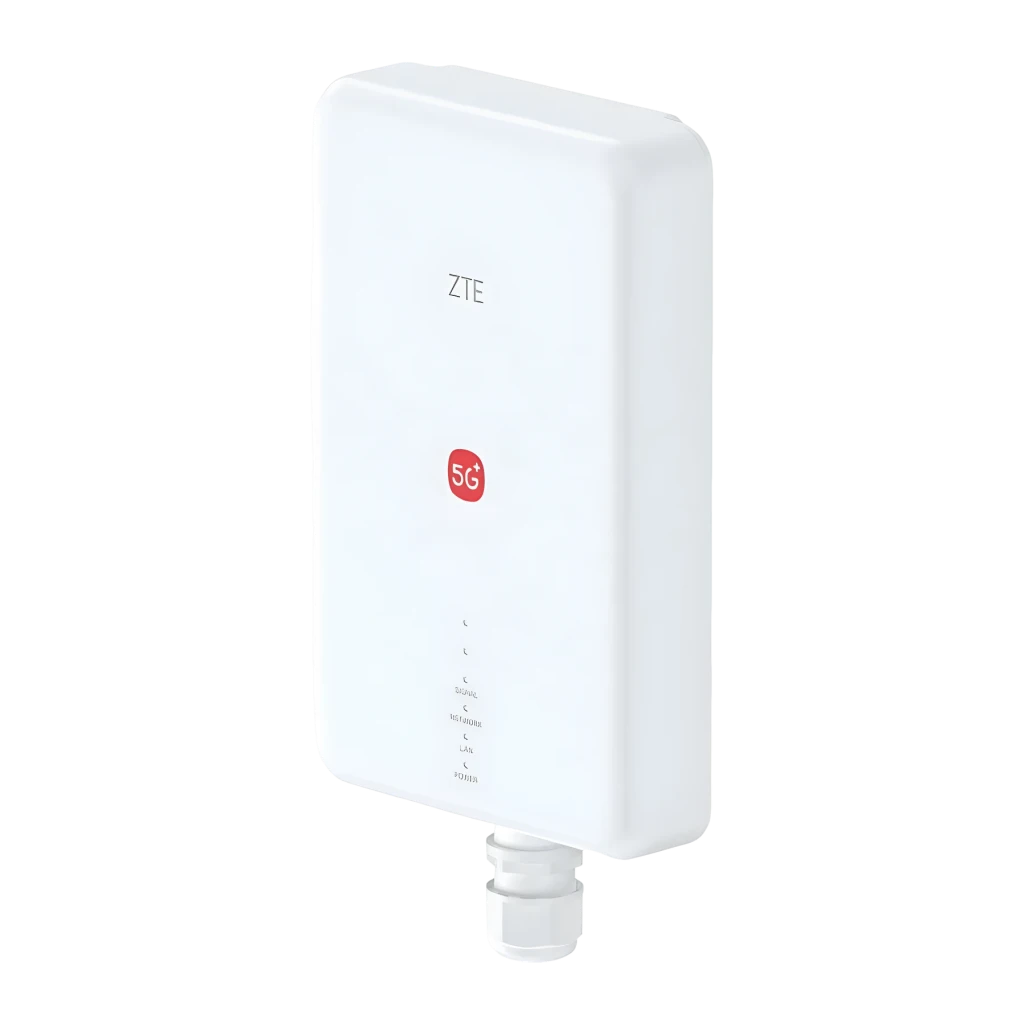 ZTE G51F 5G ODU Router WiFi 7 Blanco, vista en ángulo: frontal con logo ZTE, icono 5G rojo, LEDs indicadores y conector
