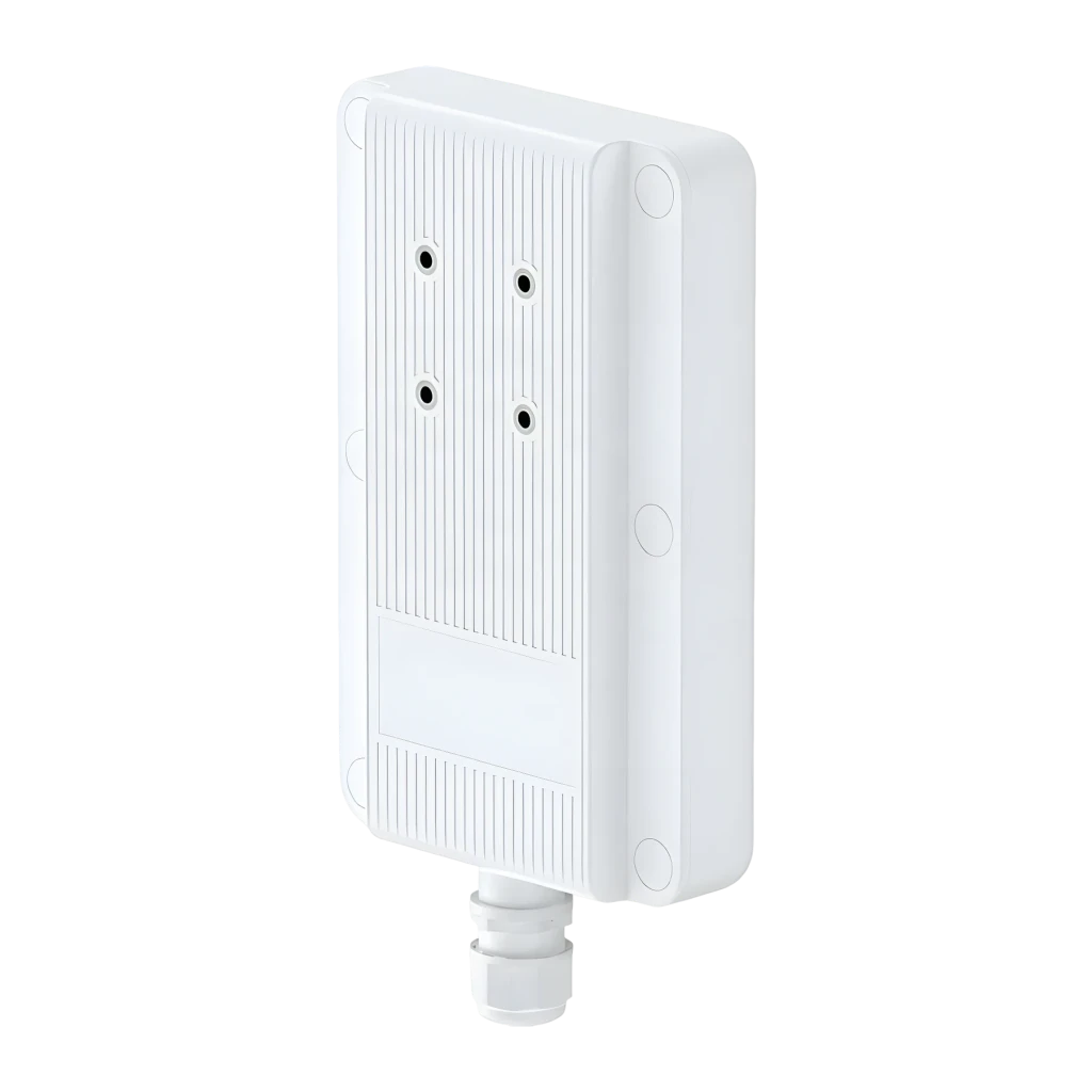 ZTE G51F 5G ODU Router WiFi 7 Dual-Band Blanco, vista trasera en ángulo: ranuras de ventilación, 4 orificios de antena