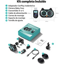 Ottocast Cabin Care iPhone, conteúdo do kit: câmara Baby Care, adaptador CarPlay, conversor A-C, cabo, correia e suporte