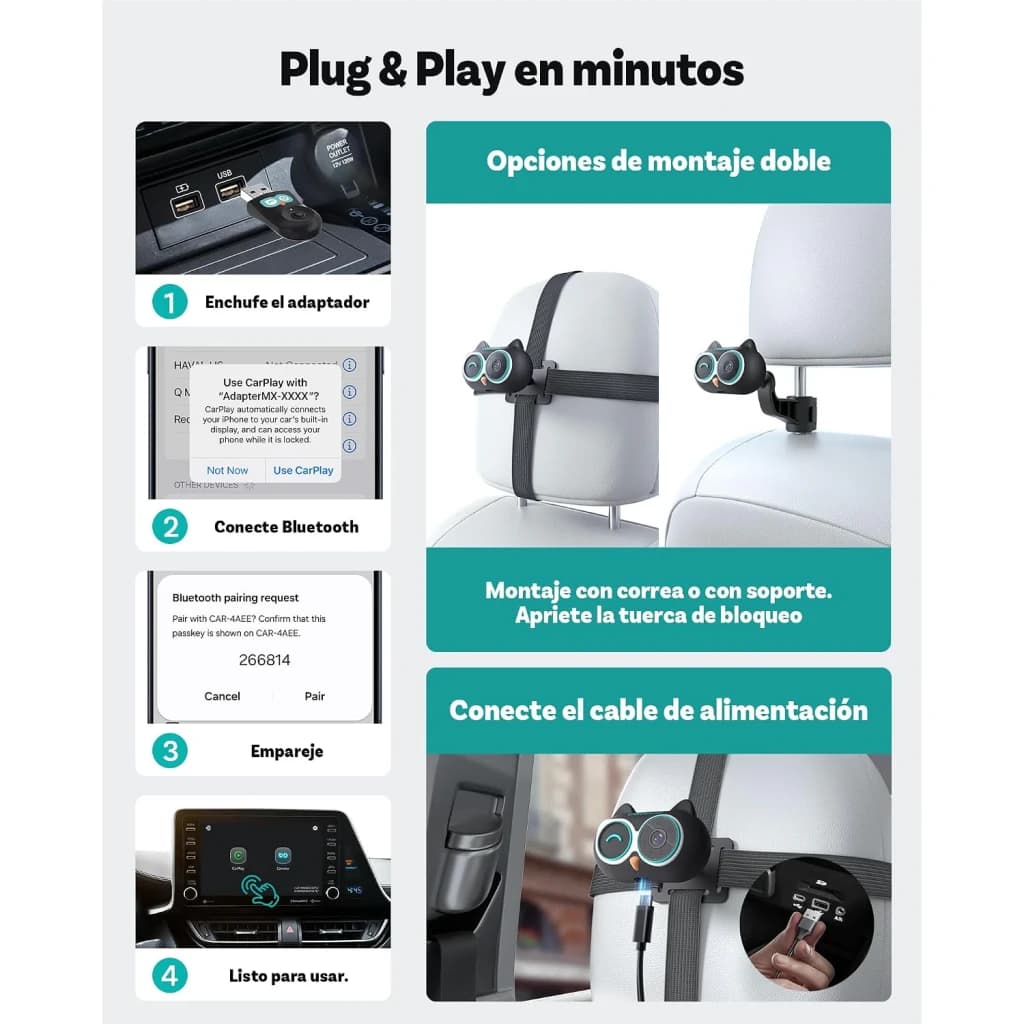 Ottocast Cabin Care iPhone, guia instalação: 4 passos Plug&Play, opções montagem com correia ou suporte no apoio de cabeça