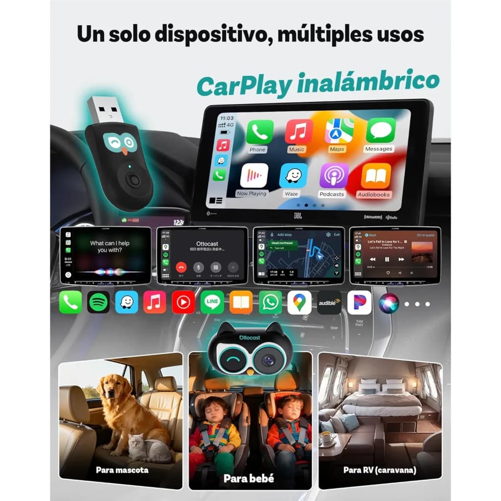 Ottocast Cabin Care iPhone, usos múltiplos: dongle USB, ecrãs CarPlay sem fios e câmara interior para animal, bebé e autocaravana