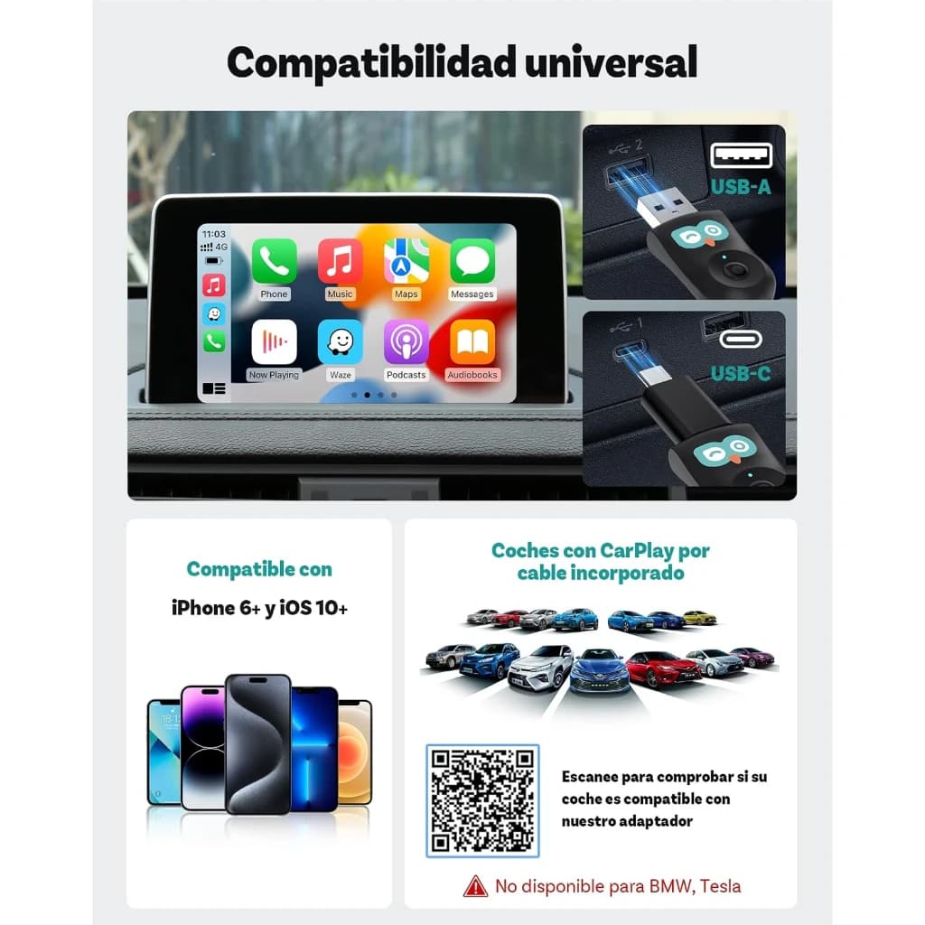 Ottocast Cabin Care iPhone, compatibilidade: portas USB-A e USB-C, ecrã CarPlay no carro, compatível iPhone 6+ iOS 10+