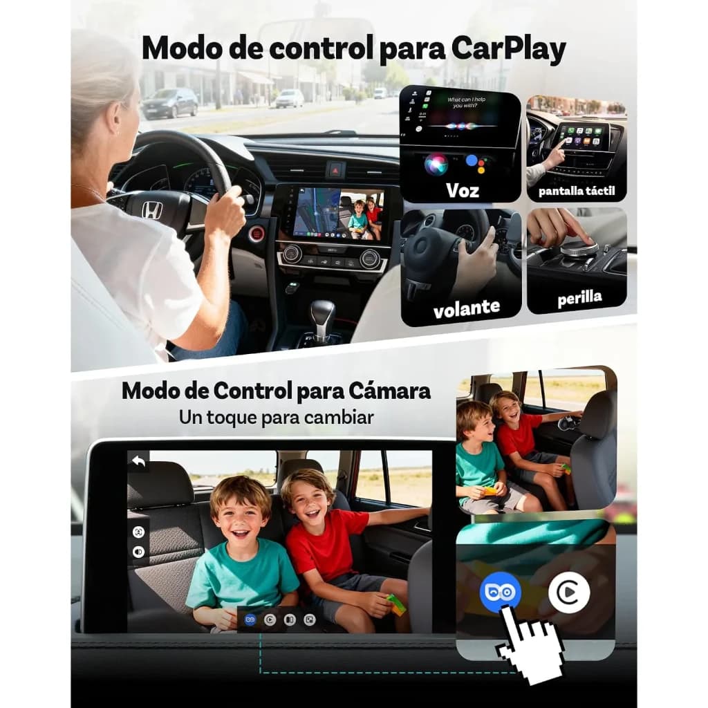 Ottocast Cabin Care, modos de uso: controlo CarPlay por voz, tátil, volante e botão; câmara interior com crianças no banco