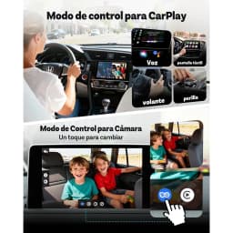 Ottocast Cabin Care, modos de uso: controlo CarPlay por voz, tátil, volante e botão; câmara interior com crianças no banco