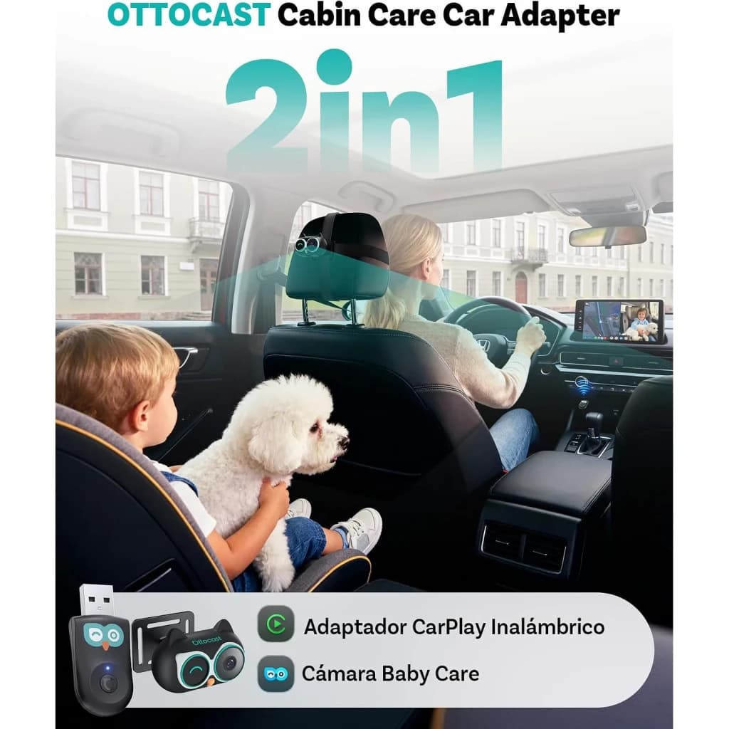 Ottocast Cabin Care, uso no carro: adaptador CarPlay sem fios 2 em 1 com câmara Baby Care no apoio de cabeça