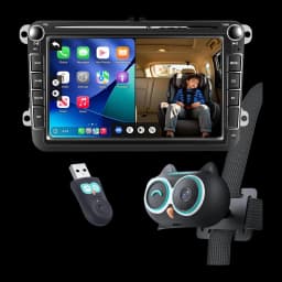 Ottocast Cabin Care para iPhone, vista principal: dongle USB, câmara de cabine em forma de coruja e ecrã CarPlay com criança