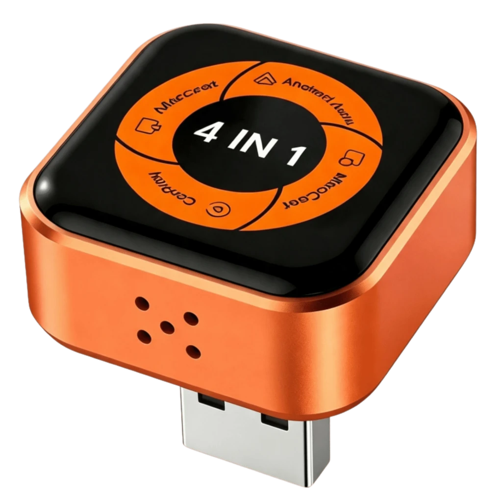 Carlinkit Mini Ultra 6 Orange, adaptateur compact 4‑en‑1 USB‑A, boîtier aluminium orange, dessus noir brillant avec icônes CarPlay, Android Auto,