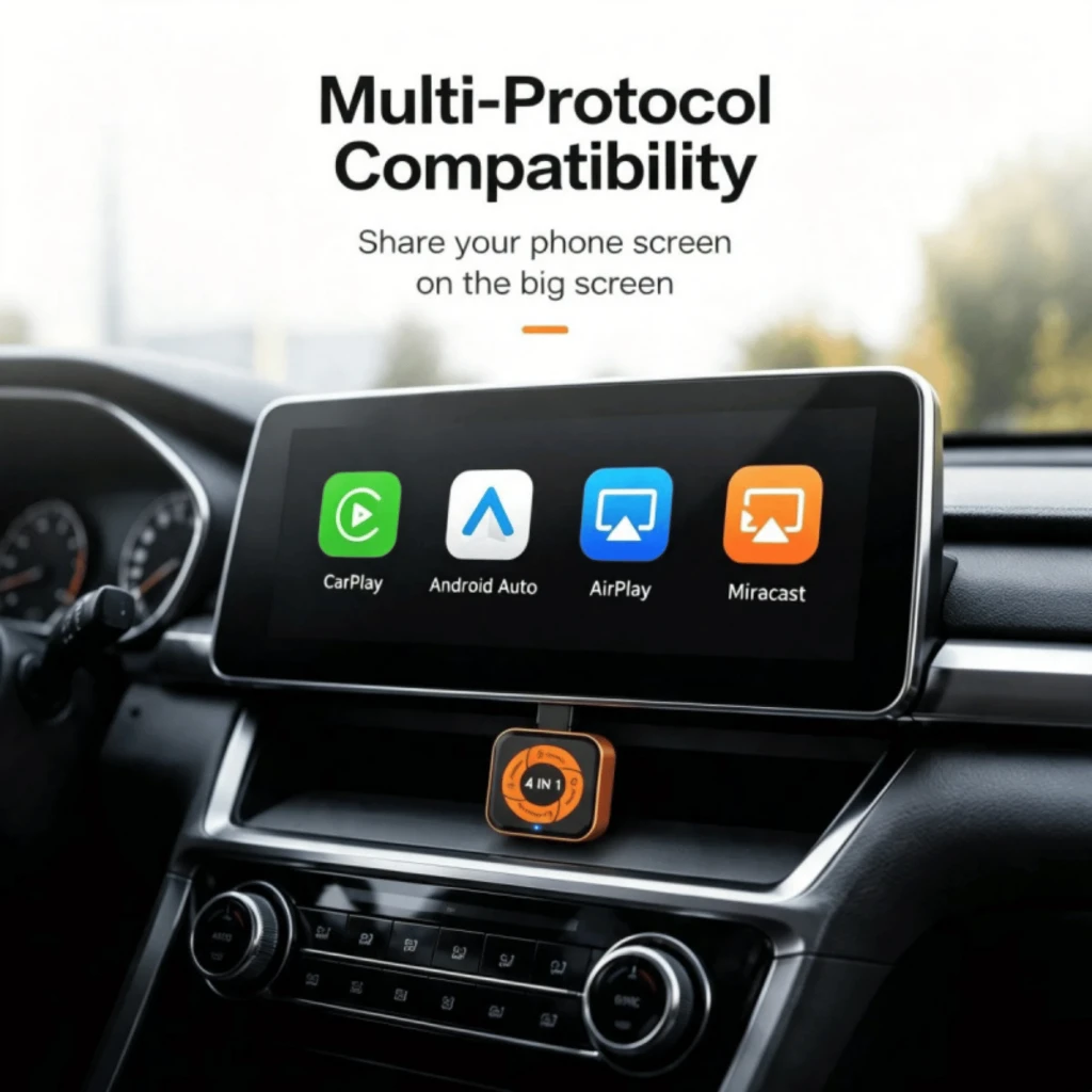 Carlinkit Mini Ultra 6 Orange compact, boîtier carré orange avec logo 4 in 1; écran auto affichant CarPlay, Android Auto, AirPlay, Miracast; design moderne