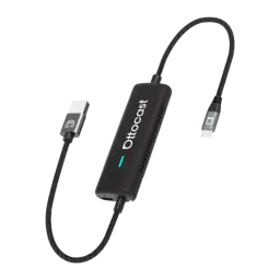 Adaptador CarPlay sem fios Ottocast Preto Táctil CA450-T, vista frontal: corpo alongado com logo, LED azul e cabo trançado