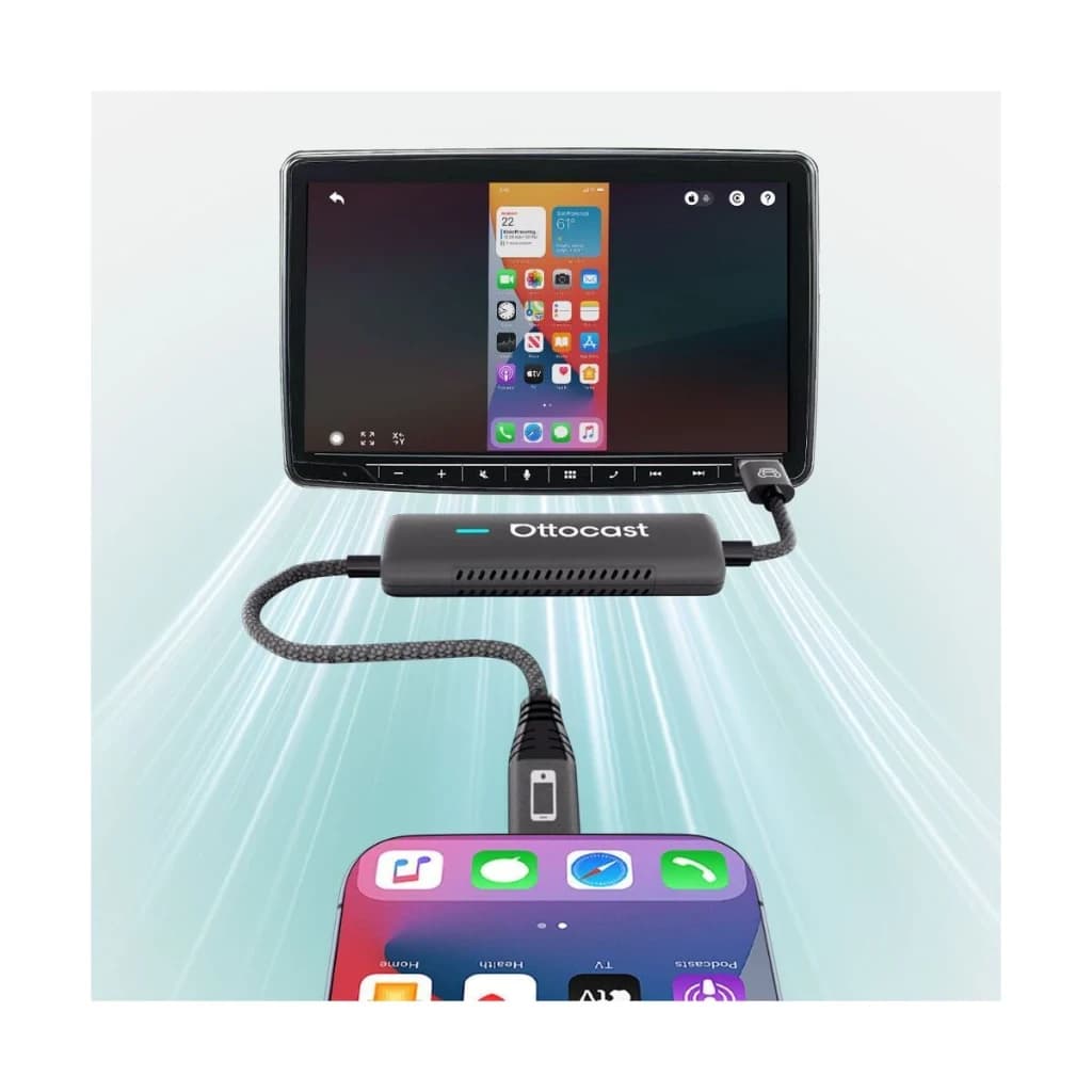 Ottocast Adaptador CarPlay CA450-T preto, uso: ligado entre iPhone e ecrã do carro com CarPlay ativo