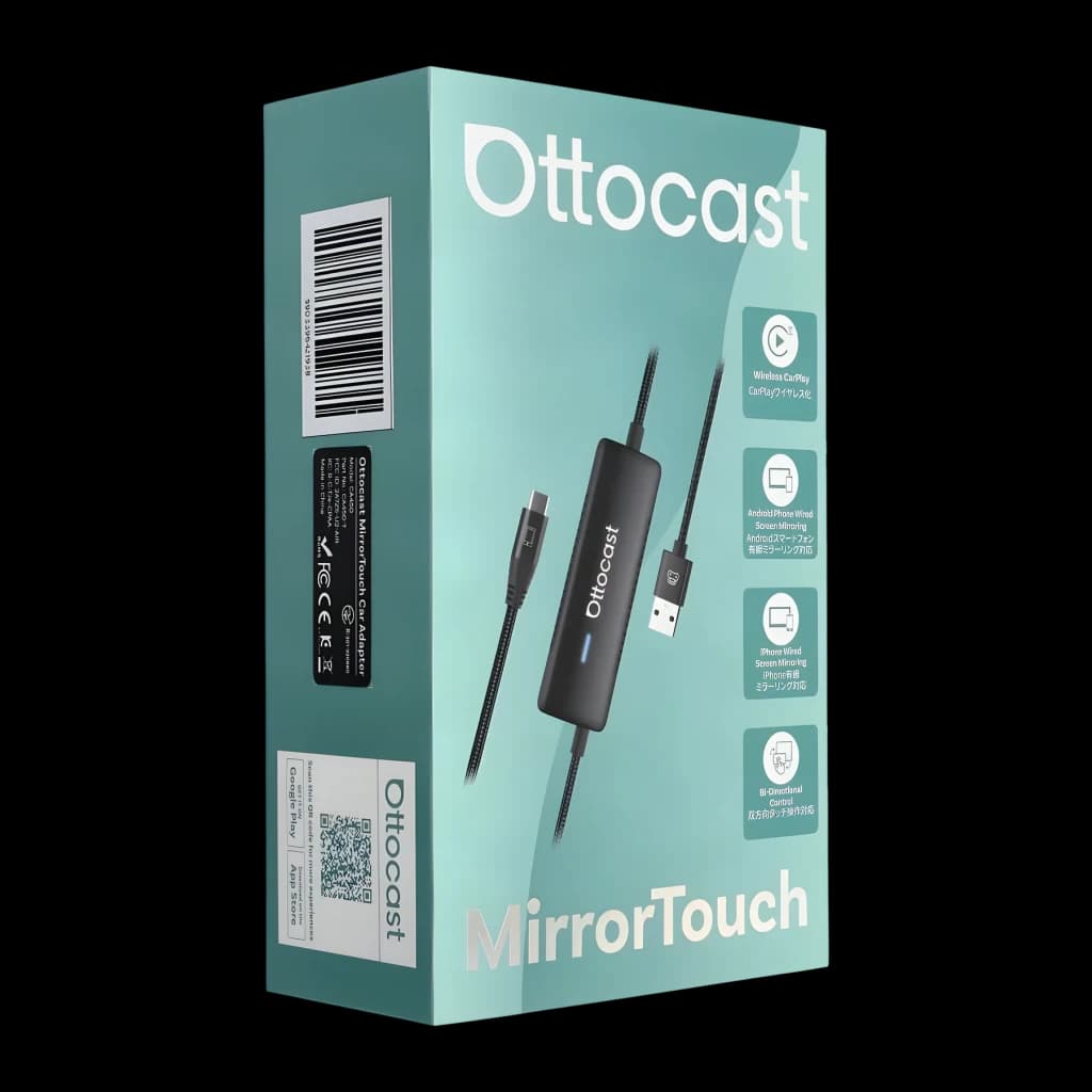 Ottocast Adaptador CarPlay CA450-T preto, caixa: embalagem MirrorTouch verde-azulada com adaptador preto e cabo trançado