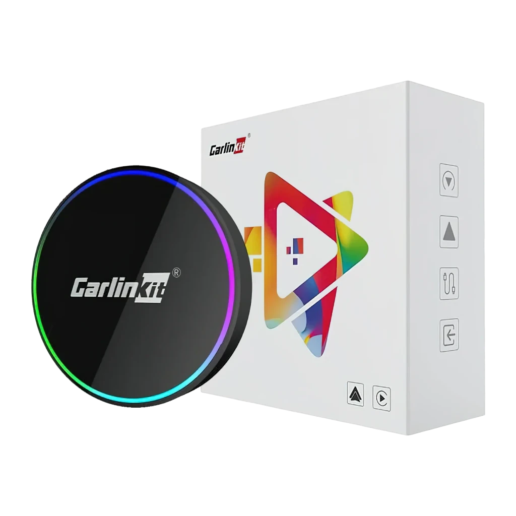 Carlinkit Adaptador CarPlay Android Auto HD2CP-PRO Negro, vista con caja: dispositivo circular con aro RGB junto a su