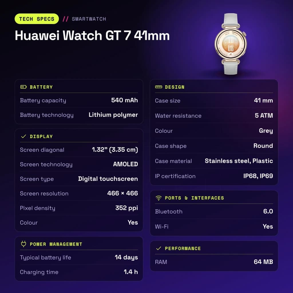 Huawei Watch GT 7 41mm Cinzento NFC Bateria 14 Dias Chamadas Bluetooth - características
