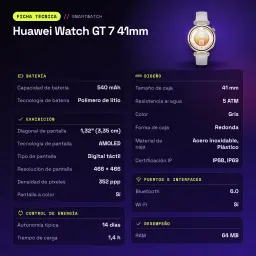 Huawei Watch GT 7 41mm Cinzento NFC Bateria 14 Dias Chamadas Bluetooth - características
