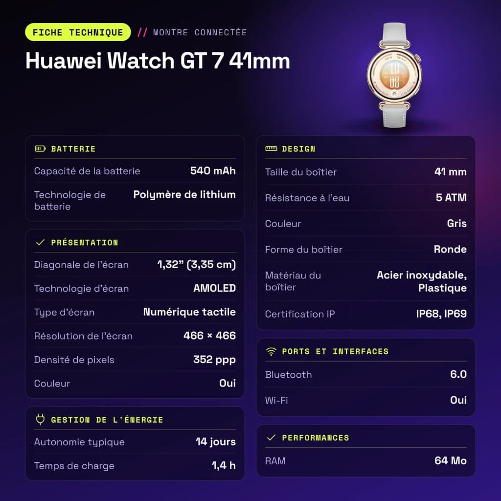 Huawei Watch GT 7 41mm Cinzento NFC Bateria 14 Dias Chamadas Bluetooth - características